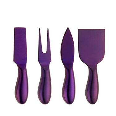Imagem de Conjunto de facas de queijo de aço inoxidável, 4 peças, facas de queijo de aço inoxidável, cortador de queijo, fatiador de queijo, garfo de queijo-prata/726 (Color : Purple)