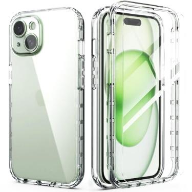 Imagem de IDweel Capa para iPhone 15 com protetor de tela (vidro temperado), híbrido 2 em 1 à prova de choque, macio, slim fit, capa transparente transparente com amortecedor de TPU, capa protetora de silicone para airbag para iPhone 15 de 6,1 polegadas, transparente