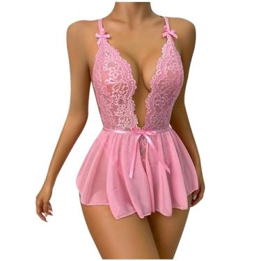 Imagem de Conjunto de dois conjuntos de vestidos femininos sexy com costura de renda e cor sólida, rosa, M