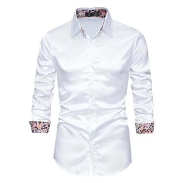 Imagem de JXQXHCFS Camisa social masculina de patchwork, casual, macia, de manga comprida, para casamento, formatura, festa, Branco, M