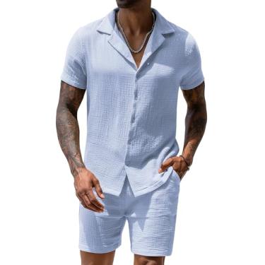 Imagem de URRU Conjunto masculino de linho 2024 moda verão manga curta camisa e shorts roupa praia tropical férias, Azul claro, GG