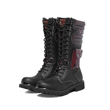 Imagem de Tebapi Botas de motocicleta masculinas de couro militar, cano médio, cano médio, cano alto, com fivela, com cadarço, impermeável, metal britânico, motociclista, motociclista, punk rock, Preto, 42