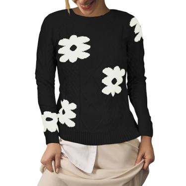 Imagem de Cakulo Pulôver feminino outono 2024 suéter de malha vintage floral blusa moderna de manga comprida, Preto/branco, M