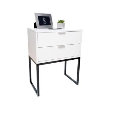 Imagem de Mesa De Cabeceira Eco Industrial 40cm com 2 Gavetas e Base De Metal Para Quarto Lateral Da Cama Escritório Enviada Montada (Base Preta / Prata, Branco)