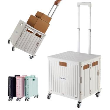 Imagem de Carrinho utilitário dobrável, dobrável, portátil, com alça telescópica de plástico resistente, dobrável, 4 rodas giratórias para viagem, compras, bagagem, escritório, professor (branco)