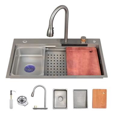 Imagem de Cuba Cozinha Gourmet Premium Cascata Com Torneira Lavador Copos Aço Inox 304 Grafite