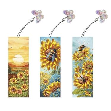 Imagem de pigpigboss Kit de pintura de diamante com 3 peças de girassol nascer do sol, pintura acrílica de diamante de marcador, pintura de diamante de abelha e girassol com pingente para decoração de livros