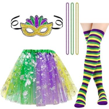 Imagem de MERRYJULY 6 Pieces Mardi Gras Costume Accessory Set Tutu Skirt Mask Beads Necklace Long Socks for Women Party (Tutu Beads Socks Mask)