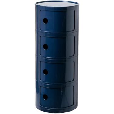 Imagem de Mesa de cabeceira redonda de plástico de 2/3/4 níveis de armazenamento com gavetas e porta deslizante armário de cabeceira moderno nórdico para quarto, azul, 32 x 76 cm