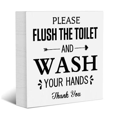 Imagem de YYDS Please Flush the Toilet Wood Box Block Plaque, Bathroom Theme Wood Box Sign, Home Bathroom Desk Shelf Sign 12 x 12 cm
