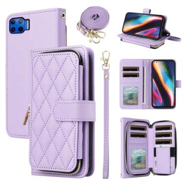 Imagem de Furiet Argyle Capa carteira para Moto One 5G/One5G UW/Moto G G5 Plus com alça de ombro, 9+ compartimento para cartão com zíper, capa de celular quadriculada para Motorola One Lite XT2075-1 roxa