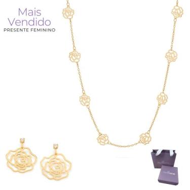 Imagem de Melhor Presente Feminino Colar + Brincos Rosas Vazadas Banhados A Ouro