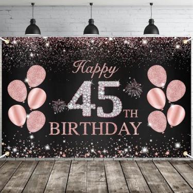 Imagem de JOYKY Banner de feliz aniversário de 45 anos, decorações de festa de aniversário de 45 anos em ouro rosa para mulheres, decoração de pano de fundo, 15 x 9 metros