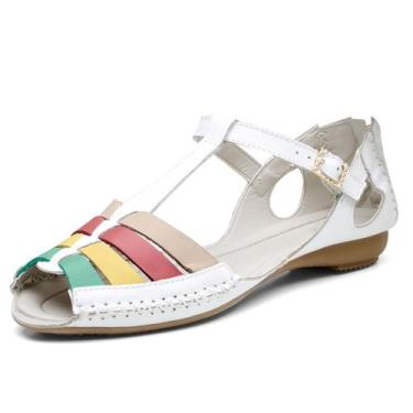 Imagem de Sandália rasteira Pierrô feminina em couro legítimo cor branca detalhe