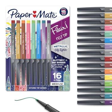 Imagem de Paper Mate Canetas com ponta de feltro metálica Flair, coleção City Lights, cores sortidas, cores sortidas, 16 unidades, perfeitas para escrever rabiscos e diário