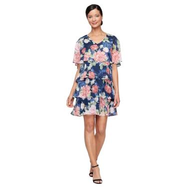 Imagem de S.L. Fashions Vestido feminino de manga curta floral de chiffon para coquetel primavera/verão, vestido de convidada de casamento, Azul-marinho multi, 48