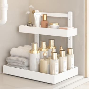 Imagem de Organizador embaixo da pia de madeira de bambu, organizador de armário de 2 níveis, organizadores embaixo da pia e prateleiras resistentes para cozinha, lavanderia, banheiro, embaixo da pia (branco, 1