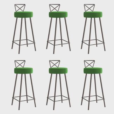 Imagem de Kit 06 Banqueta Alta Com Encosto Tânia Eiffel Cozinha Bar Bistrô Ferro Marrom Sintético Verde - Ahazzo Móveis