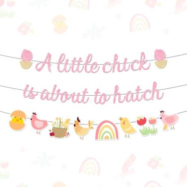 Imagem de A Little Chick Is About to Hatch Banner, decorações de chá de bebê com tema de fazenda, faixa de chá de bebê com glitter, guirlanda de galinha de galinha para pintinhos temáticos para decoração de