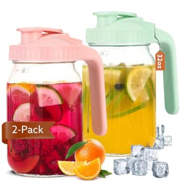 Imagem de Mihlapi Pote Mason com tampa e bico, jarra de vidro para leite de 947 ml, jarra de vidro para chá ao sol, recipiente para bebidas de frutas, tampa de bico com boca larga para geladeira (rosa, verde)