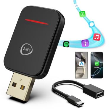 Imagem de Adaptador automotivo 2 em 1 para Android e adaptador CarPlay sem fio para iPhone iOS/Android, 2025 novo mini dongle USB sem fio CarPlay para carros com fio OEM CarPlay/AA de 2016, conexão estável Plug