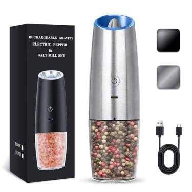 Imagem de UNNEES Conjunto de 2 moedores elétricos recarregáveis de sal e pimenta, conjunto de moedores elétricos de sal e pimenta, rugosidade ajustável, luz LED, 1 pacote, (prata)