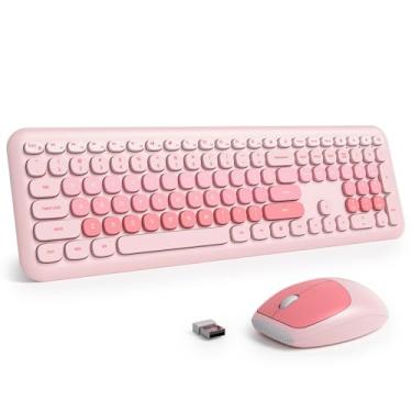 Imagem de surmen Lindo teclado e mouse sem fio, máquina de escrever retrô, sem fio, silencioso, colorido, baixo ruído, 2,4 GHz para casa e escritório, 6 diários, rosa