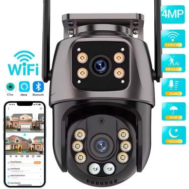 Imagem de Câmera de Segurança Dupla, Giratória, IP, Wi-Fi, Full HD, 4MP, PTZ, Visão Noturna, iCSee, Compatível Alexa, IP66, Preta 