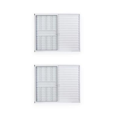 Imagem de Kit Com 2 Janelas De Alumínio Veneziana 100x150cm 3 Folhas 1 Fixa Com Grade E Vidro Liso Soft Plus Branco