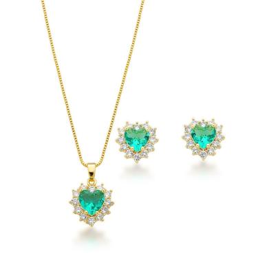 Imagem de Conjunto Colar E Brinco Coração Cravejados Verde Claro Banhado A Ouro 18k