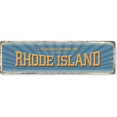 Imagem de SmartSign Placa de metal vintage de 4 x 14 polegadas "I Found Hope In Rhode Island", alumínio à prova de ferrugem de 40 mil com sobretudo transparente, decoração de parede retrô, multicolorido