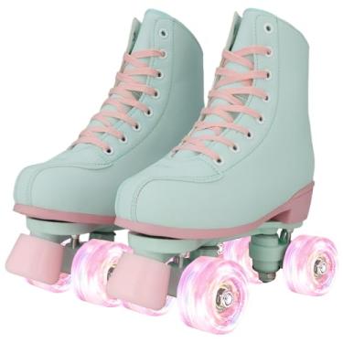 Imagem de Patins para mulheres e homens PU couro alto adulto Roller Derby Skate Wheels Light Up Roller Skate Patins de quatro rodas brilhantes para meninas (feminino 37/masculino 5,5)