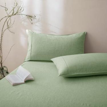 Imagem de Talasily 100% linho francês linho fronha envelope fechamento, tamanho padrão conjunto de 2 - pedra lavada pré-amaciada, hipoalergênico e resistente a rugas, sem zíper refrescante roupa de cama verde
