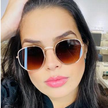 Imagem de Óculos de Sol Hexagonal Lente Preta com Proteção Uv400 Masculino Feminino (Marrom Degradê com Dourado)