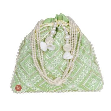 Imagem de Potli de seda com padrão Chikankari sortido com alça Moti Royal Batwa Bolsa feminina clutch bolsa feminina, Verde