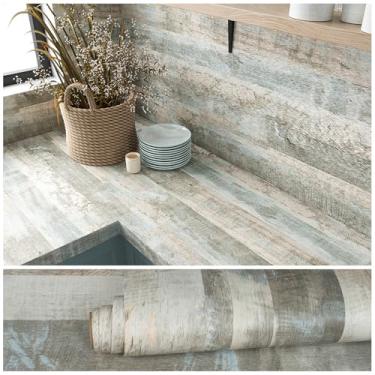 Imagem de VEELIKE Papel de parede de madeira azul desgastado, descasque e cole à prova d'água, papel de contato de madeira rústica para quarto, banheiro, casa de fazenda, 61 cm x 990 cm, autoadesivo, para mesa