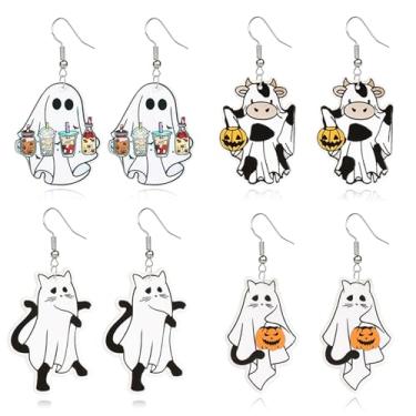 Imagem de QLYOVWE Conjunto de 4 pares de brincos de gato de Halloween para mulheres, fofo, preto, branco, fantasma, esqueleto, anime, gato, preto, brinco de acrílico, joia de festa de Halloween, presente