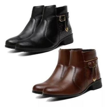 Imagem de 2 Pares Bota Feminina Coturno Chelsea Cano Curto Montaria Salto Grosso Couro Ecologico Frio Inverno-Feminino