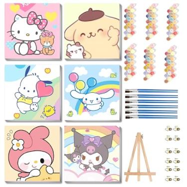 Imagem de nekpiahu Pacote com 6 tintas de desenho animado por números para crianças com tela emoldurada - pintura de desenho animado por números para crianças de 4 a 8 a 12 anos, kits de artesanato para