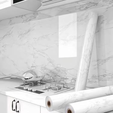 Imagem de ESSMOKO Papel de parede autoadesivo PVC mármore branco pia banheiro pia impermeável e à prova de óleo adesivos de móveis