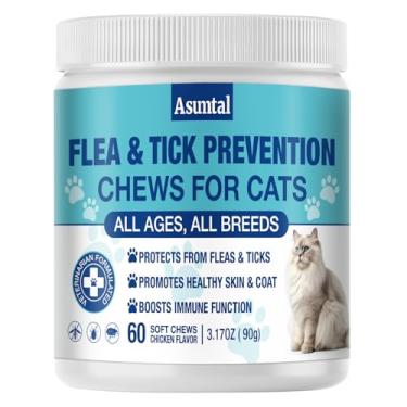 Imagem de Tratamento de pulgas para gatos mastigáveis, tratamento natural de pulgas para gatos gatinhos, suporte para pele e pelagem, 60 unidades