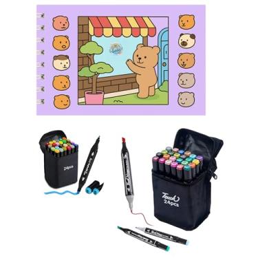 Imagem de Livro Colorir com Canetinhas Kit Livro De Pintura Lilas + 24 Canetas Ponta Dupla Marcadora Canetinhas para Colorir Capa Dura Holográfica com Acetato 50 desenhos A5