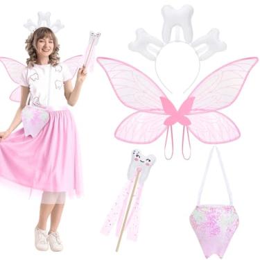 Imagem de GANSHAYA 4 Pcs Tooth Halloween Fairy Costume Set Butterfly Wings Sparkling Bag Magic Wand Tooth Headband for Adult Women Halloween Party Cosplay Dress Up Outfit (Pink)