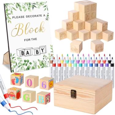Imagem de Pydeeirom Conjunto de blocos de chá de bebê com caixa de madeira, marcadores de acrílico e placa de madeira para jogos de chá de bebê, revelação de gênero e decorações (folhas verdes)