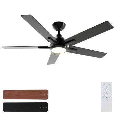 Imagem de Sevenine Ventiladores de teto de 132 cm com luzes e controle remoto, ventilador de teto preto com 5 baldes para sala de estar ao ar livre/quarto, varão, motor CC reversível de 6 velocidades