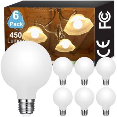 Imagem de Vinaco Lâmpada globo G25/G80 60 Watts, pacote com 6 lâmpadas reguláveis sem cintilação G25 Vanity 450LM 6W, igual a 60W, base E26 de vidro fosco leitoso branco quente 2700K, lâmpada LED CA10 para