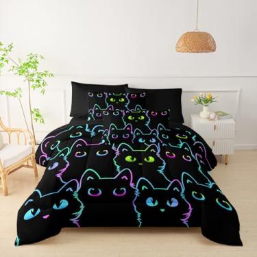 Imagem de QOOMO Conjunto de edredom para decoração de quarto de meninas, animais fofos, 7 peças, tamanho casal/queen com 1 edredom de gato, 2 fronhas, 1 lençol com elástico, 1 lençol de cima