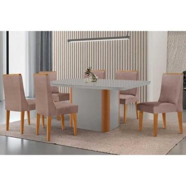 Imagem de Conjunto Sala de Jantar Pietá c/ Tampo Madeirado c/ Vidro Canto Curvo 180x90cm e 6 Cadeiras Dakota Madeira Maciça Naturale/Off White - Capuccino/Linho