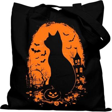 Imagem de Dyale Sacola feminina de lona de Halloween com fecho de pressão, sacola de gato estampada dupla face com alças largas nos ombros e bolso interno para viagem, compras, trabalho, viagens