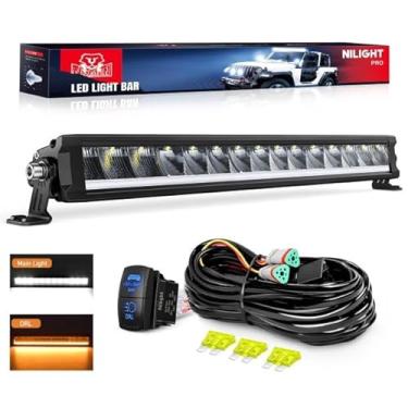 Imagem de Nilight Barra de luz LED com âmbar DRL 19,5 polegadas 75W fileira única Offroad Light Spot Combo Barra de luz fina IP68 com 16AWG DT Kit de fiação para caminhonete SUV, ATV, UTV, barco 4x4 Jeep